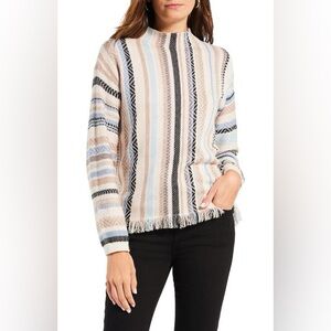 NIC+ZOE Early Frost Stripe Cotton Blend Sweater Mock Neck Fringe L Cream Multi